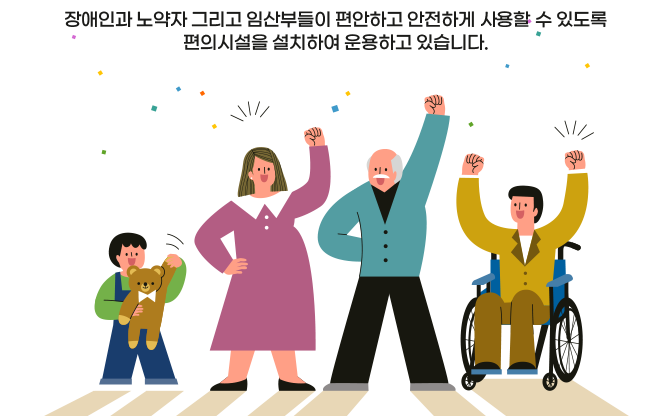 장애인과 노약자 그리고 임산부들이 편안하고 안전하게 사용할 수 있도록 편의시설을 설치하여 운용하고 있습니다.